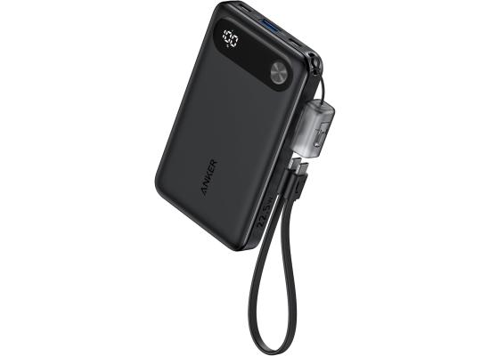 Anker A1257P11 Power Bank, 10,000mAh Portable Charger with Built-in USB-C Cable and Lanyard, 22.5W Max Output with USB-C&A Port, Battery Pack for iPhone 15/14, Galaxy S23, iPad, AirPods, and More - Black